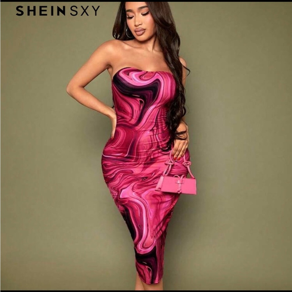 SHEIN SXY Strapless Pink Marble Dress